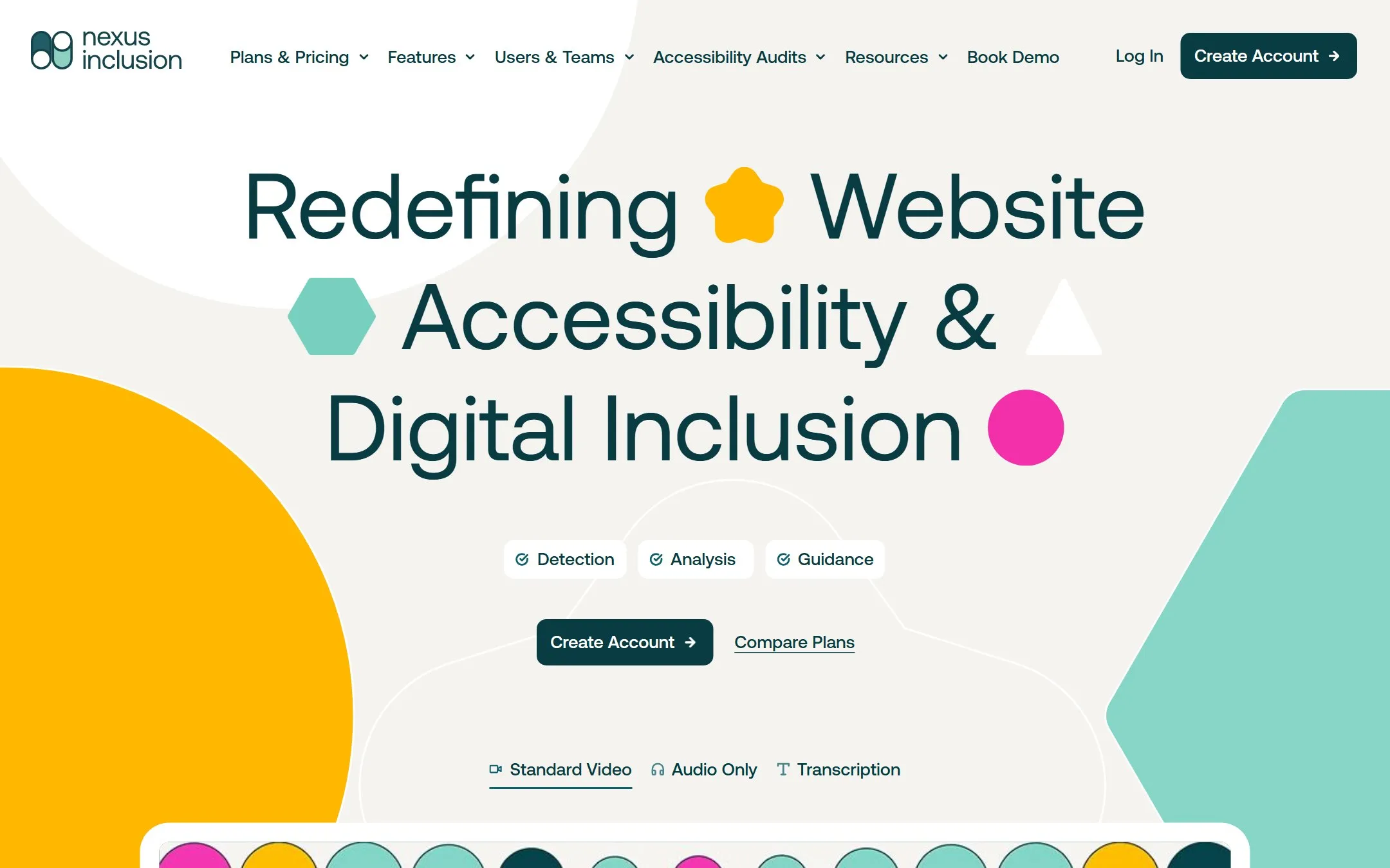 Nexus Inclusion homepage with the headline “Redefining Website Accessibility & Digital Inclusion” and a Create Account button.
